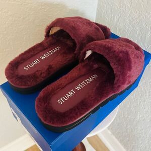 STUART WEITZMAN Elodie Chill Faux Fur Slide Slipper Sandal Size 9 Cranberry NWT
